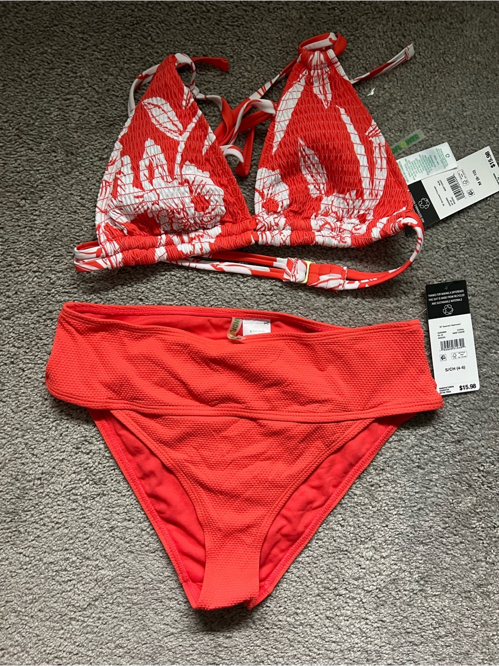 Sandflower NWT Coral Tropical Bikini Set | Triangle Top M & Small Bottoms